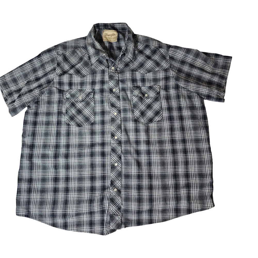 Wrangler Mens Western Shirt Black White Plaid Pearl Snap Short Sleeve Medium